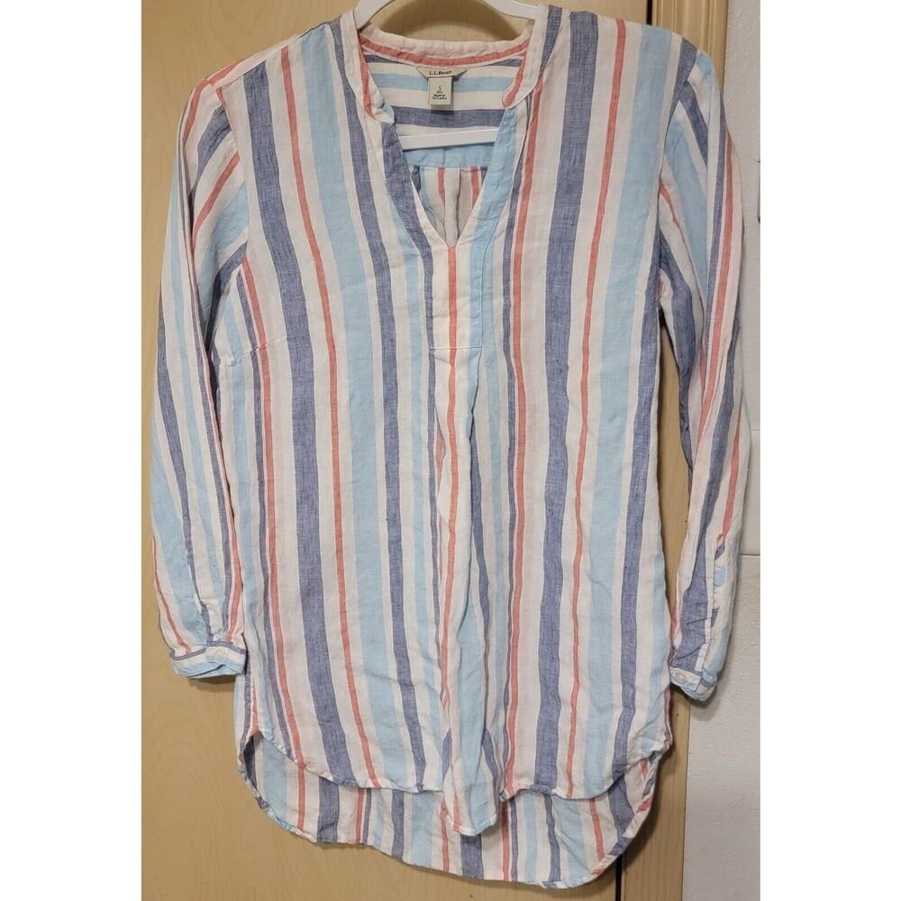LL BEAN LINEN TUNIC TOP POOL BLUE STRIPED WOMEN V-neck Small Oversized Rainbow